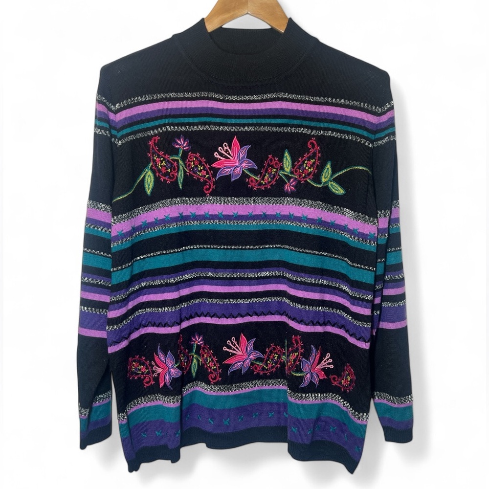 Alfred Dunner Purple Black‎ Pullover Embroidery Sweater Cottagecore Flower XL
